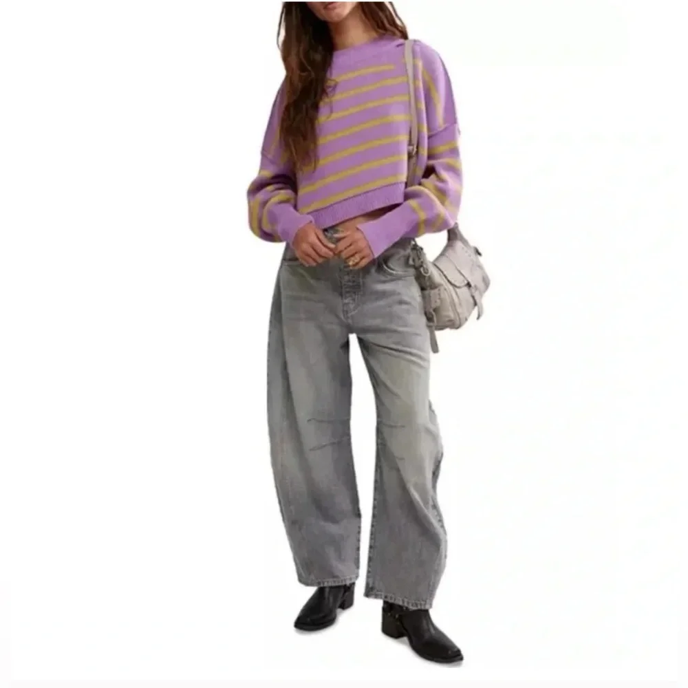 NWT Free People‎ Easy Street Stripe Print Mock Neck Long Sleeve Cropped Pullover